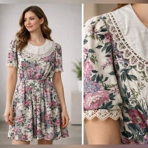 Vintage 90s Stuart Alan Cottagecore Prairie Floral Lace Bib Collar Midi Dress